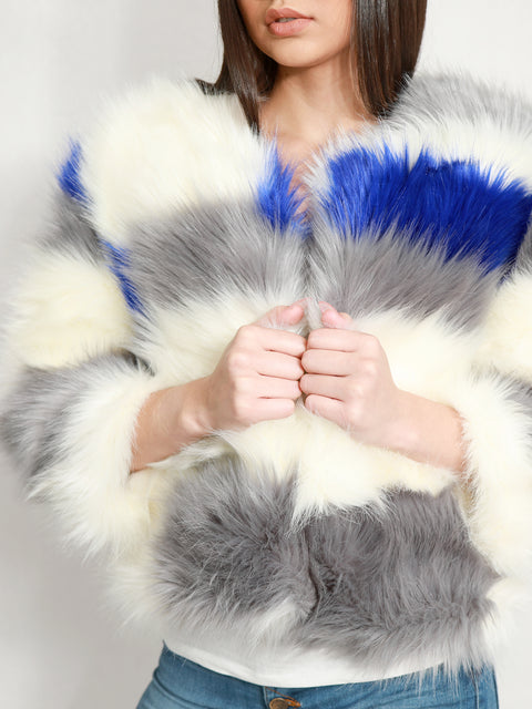 Faux fur blue white stripe jacket